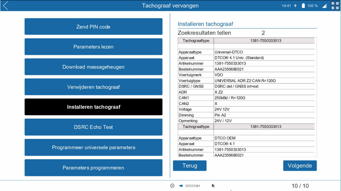 Controleer de gegevens van de nieuwe tachograaf